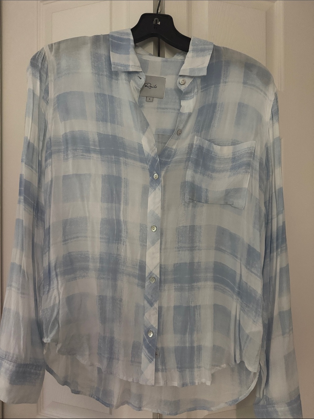 Rails Light Blue and White Plaid Button-Up Blouse